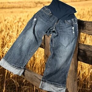 Indigo Blue‎ Maternity Jeans Women M Distressed Crop Cuffed Dark Wash Belly